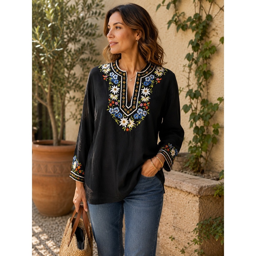 Tramo Black Floral Embroidered Tunic Top Split Neck Y2K Boho Long Sleeve Size 46